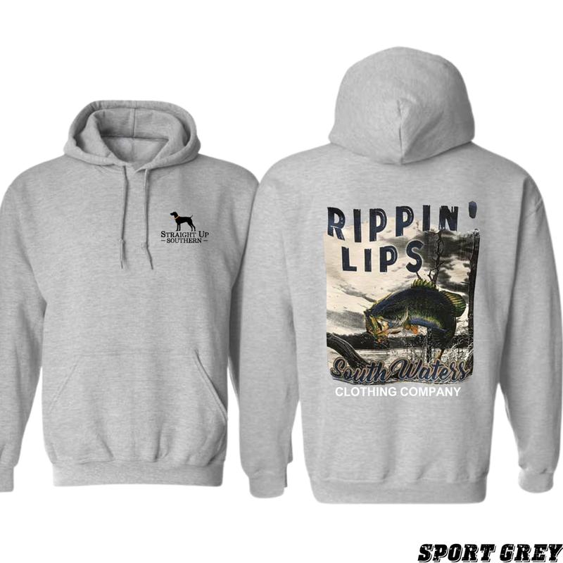 Rippin' Lips Fishing Hoodie - Bold Bass Fishing Design for Southern Waters Enthusiasts - Southern down outfitters, Sweatshirts