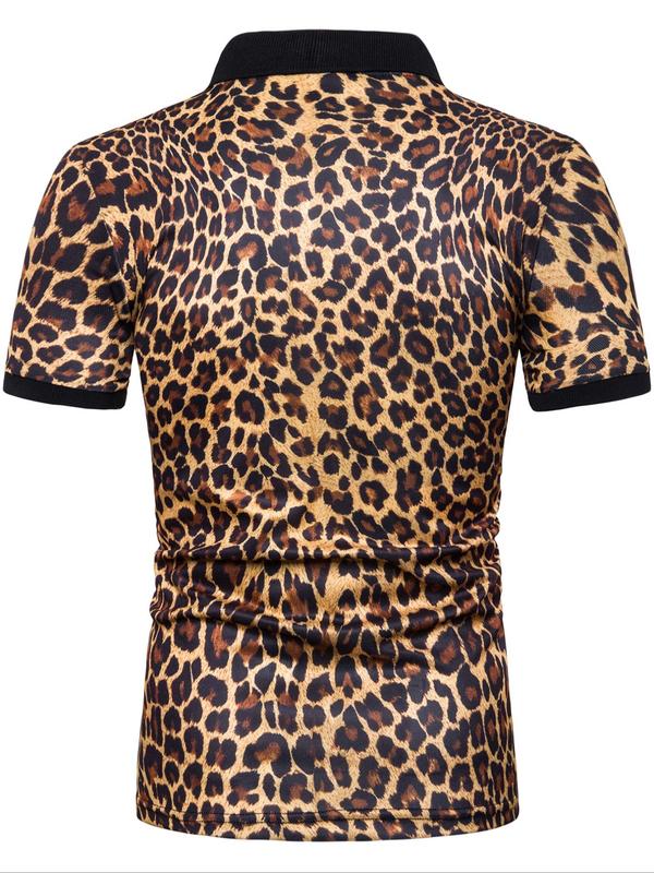 Men's Leopard Print Contrast Binding Polo Shirt, Regular Fit Casual Short Sleeve Button Front Top for Summer, Fashion Men's Clothes for Daily Wear