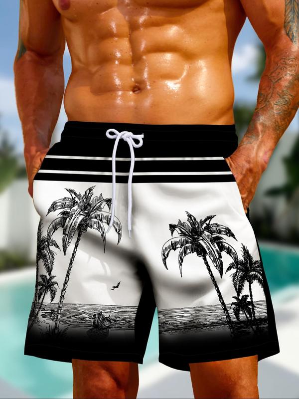 Men's Regular Fit Patchwork Palm Tree & Landscape Print Pocket Shorts, Casual Breathable Drawstring Waist Shorts, Mens Bottoms for Beach Holiday