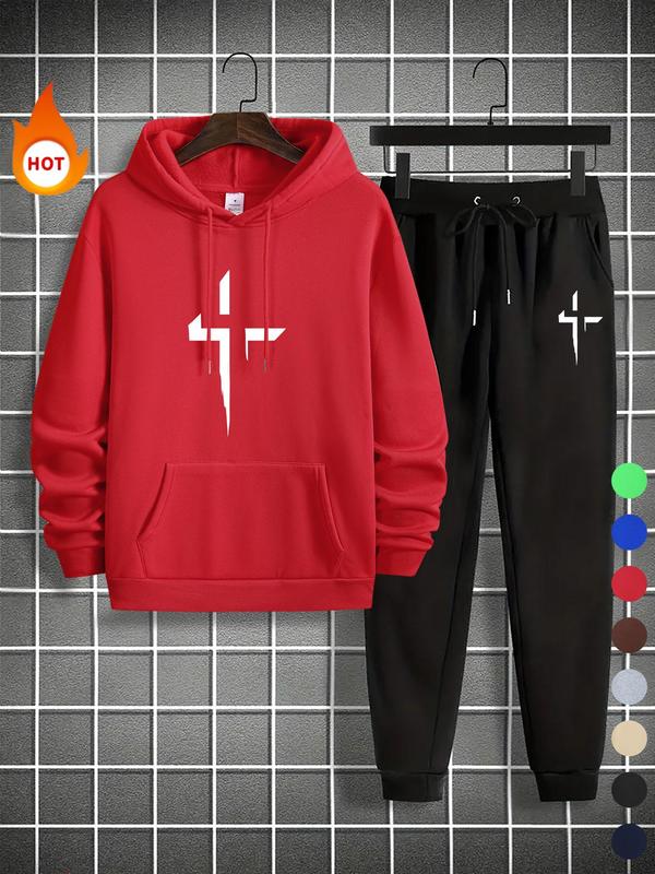 Men's Cross Print Pocket Hoodie & Drawstring Waist Sweatpants Two-piece Set, Regular Fit Casual Long Sleeve Hooded Sweatshirt & Jogger Pants for Fall & Winter, Men's Two-piece Outfits for Daily Wear