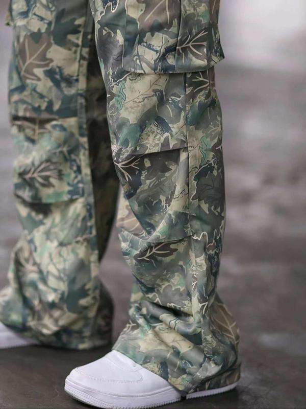 Men's Camo Print Drawstring Waist Cargo Pants, Regular Fit Casual Pocket Trousers for Spring & Fall, Fashion Men's Bottoms for Daily Wear