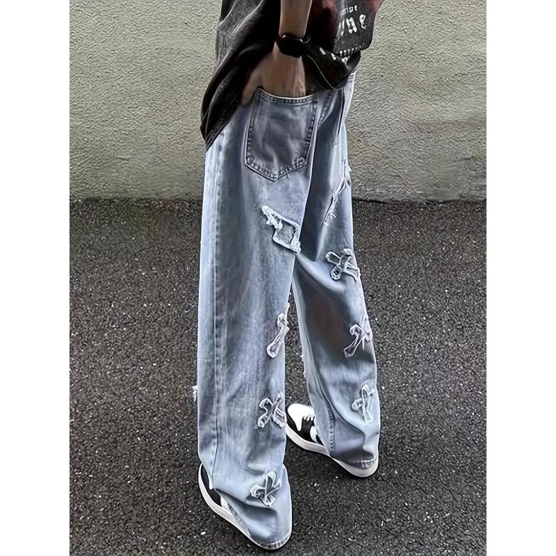 Men's Distressed Cross and Lightning Embroidered Printed Tape Pocket Jeans