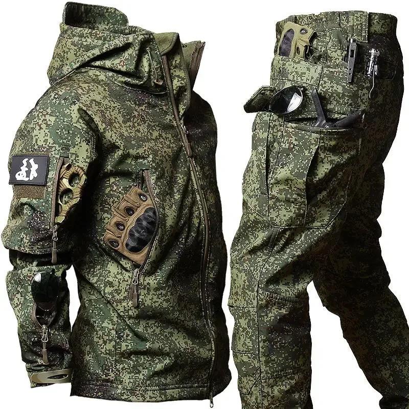 Tactical Winter Set Men's Outdoor Windproof Waterproof Suit Multi-Pocket Soft Shell Hooded Jackets Hunting Work Pants Suit