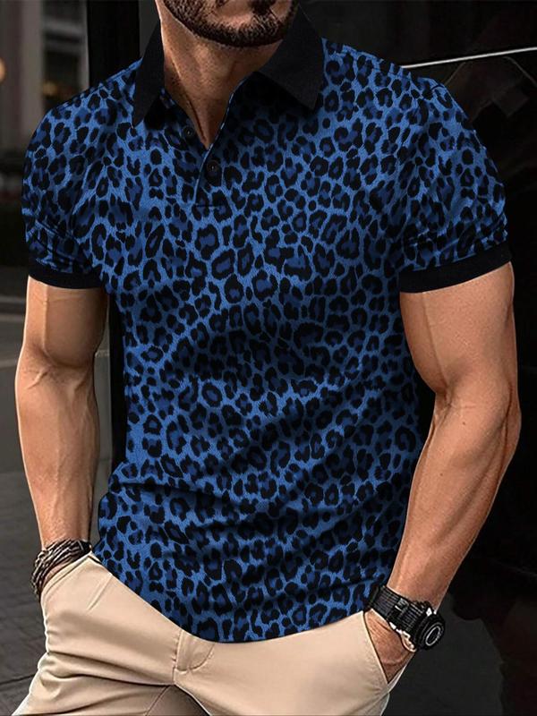 Men's Leopard Print Contrast Binding Polo Shirt, Regular Fit Casual Short Sleeve Button Front Top for Summer, Fashion Men's Clothes for Daily Wear