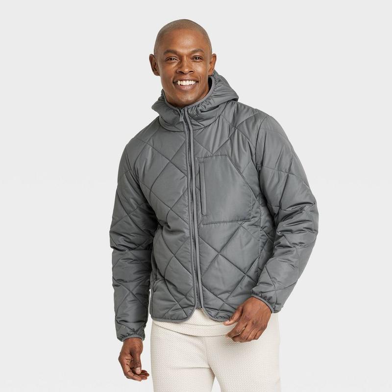 All In Motion Men's Zip-Up Winter Hooded Wind-Resistant Quilted Jacket Packable