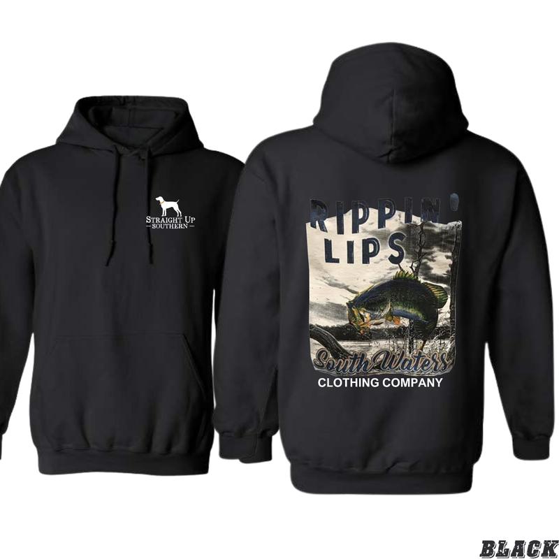 Rippin' Lips Fishing Hoodie - Bold Bass Fishing Design for Southern Waters Enthusiasts - Southern down outfitters, Sweatshirts