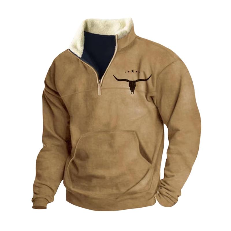 Men's Western Fleece Jacket Cowboy Bull Head Print Pullover 1 4 Zip Stand Collar Long Sleeve Sweatshirts Zipper Menswear