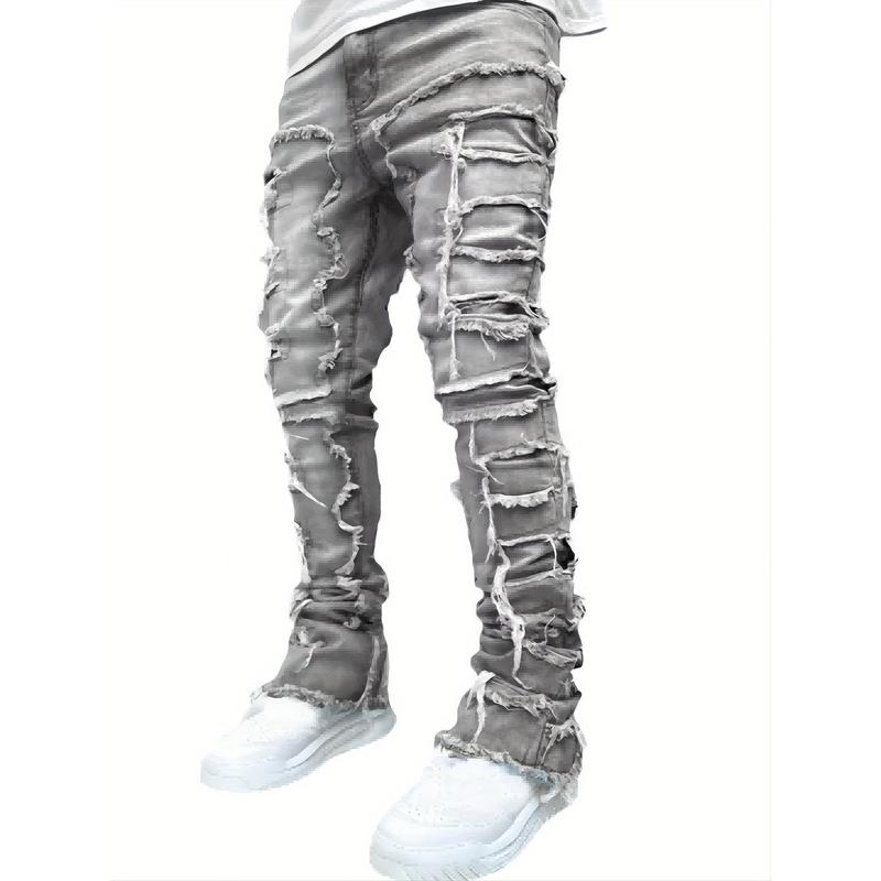 2024Slim Fit Men's Casual Jeans, Embroidered Patchwork Detail, Versatile Street Style Denim Pants For All Seasonsdandy Menswear Medium Stretch Trouser Streetwear