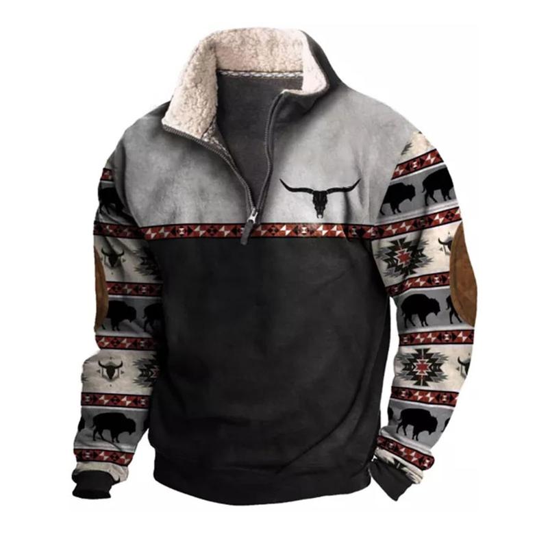 Men's Western Fleece Jacket Cowboy Bull Head Print Pullover 1 4 Zip Stand Collar Long Sleeve Sweatshirts Zipper Menswear