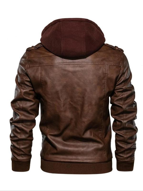 Men's Plain Flap Pocket Hooded Motorcycle Jacket, Streetwear, Stylish Zipper Longsleeves Bomber Coat for Fall Winter, Men's Outfits for Daily Wear, Menswear, Men's Clothing, Winter Outfits 2024 Winter Jacket