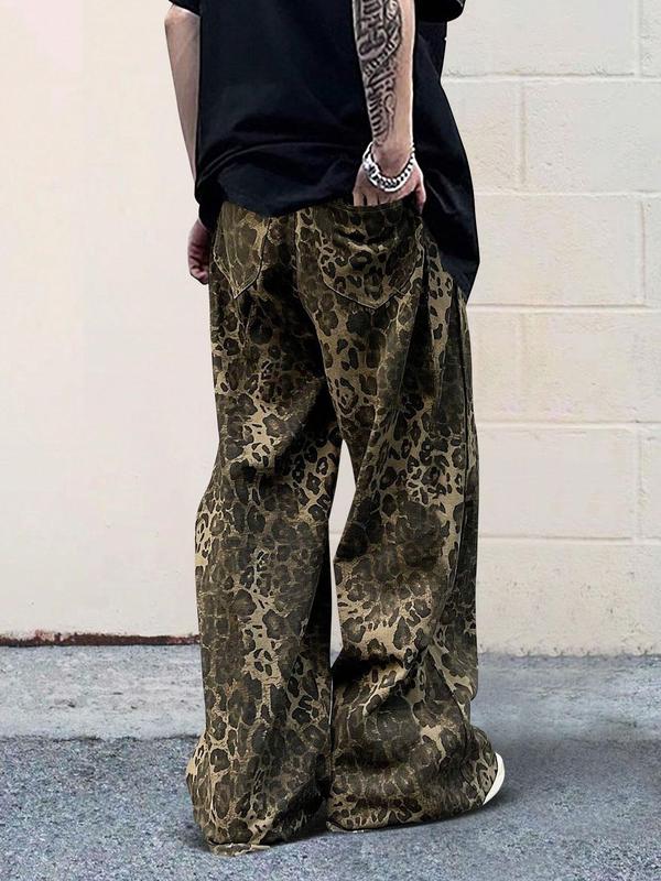 Unisex Men's Leopard Print Drawstring Waist Pants, Casual Street Pocket Trousers for Daily Wear, Fashion Men's Bottoms for All Seasons