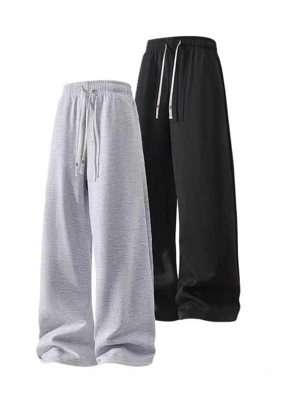 Men's Solid Drawstring Waist Wide Leg Pants, Casual Comfy Pocket Trousers for Daily Wear, Men's Bottoms for All Seasons