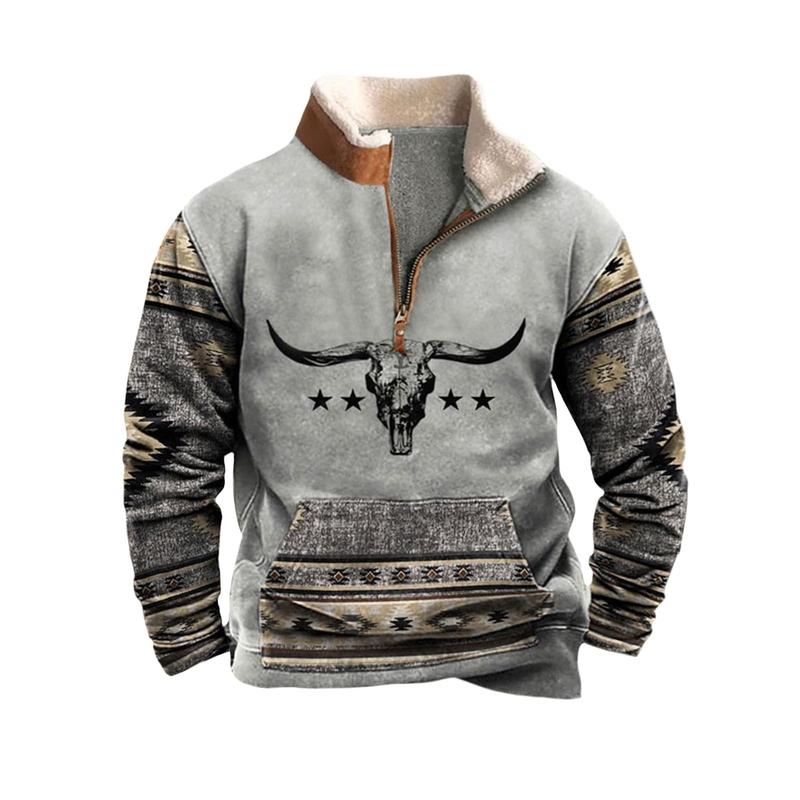 Mens Sweatshirts Aztec Cowboy Vintage No Hooded Pullover 1 4 Zip Stand Collar Long Sleeve Casual Western Fleece Tops Classic Menswear Day Jeans Medium