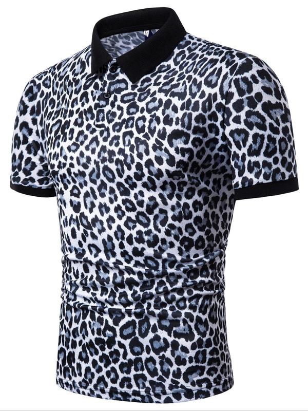 Men's Leopard Print Contrast Binding Polo Shirt, Regular Fit Casual Short Sleeve Button Front Top for Summer, Fashion Men's Clothes for Daily Wear