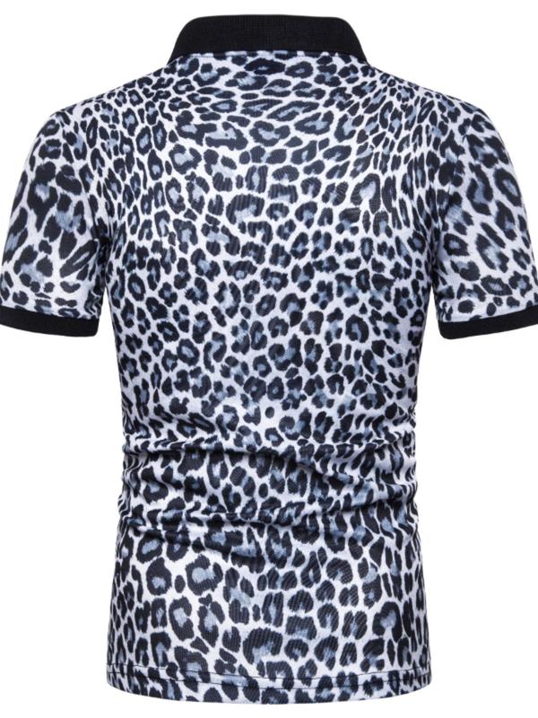 Men's Leopard Print Contrast Binding Polo Shirt, Regular Fit Casual Short Sleeve Button Front Top for Summer, Fashion Men's Clothes for Daily Wear