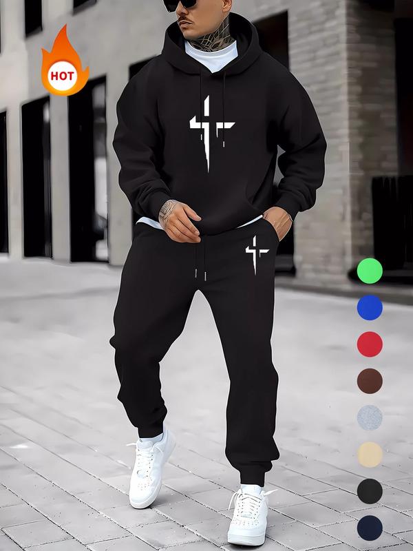 Men's Cross Print Pocket Hoodie & Drawstring Waist Sweatpants Two-piece Set, Regular Fit Casual Long Sleeve Hooded Sweatshirt & Jogger Pants for Fall & Winter, Men's Two-piece Outfits for Daily Wear