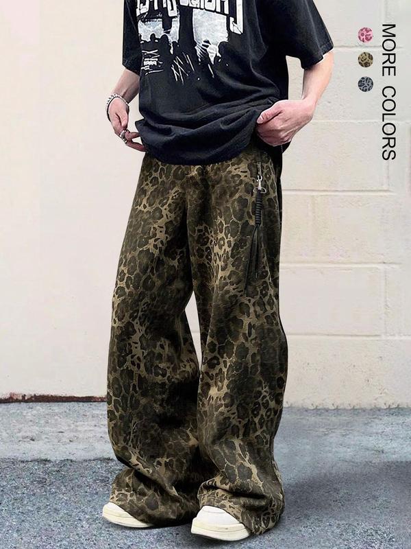 Unisex Men's Leopard Print Drawstring Waist Pants, Casual Street Pocket Trousers for Daily Wear, Fashion Men's Bottoms for All Seasons