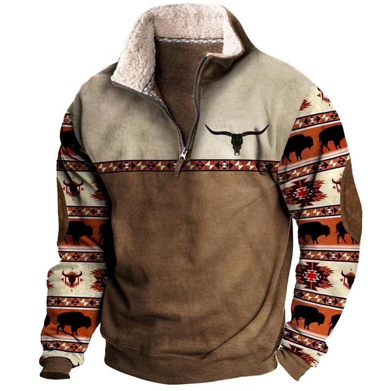 Men's Western Fleece Jacket Cowboy Bull Head Print Pullover 1 4 Zip Stand Collar Long Sleeve Sweatshirts Zipper Menswear