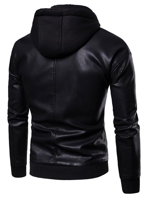 Men's Pocket Drawstring Hooded Heated Jacket,  Winter Jacket Slim Long Sleeve Pu Leather Outerwear for Fall & Winter, for Daily Outdoor Wear, Cold Weather Gear