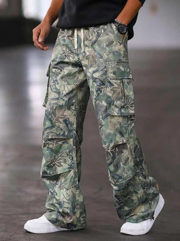 Men's Camo Print Drawstring Waist Cargo Pants, Regular Fit Casual Pocket Trousers for Spring & Fall, Fashion Men's Bottoms for Daily Wear