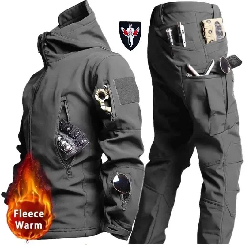 Tactical Winter Set Men's Outdoor Windproof Waterproof Suit Multi-Pocket Soft Shell Hooded Jackets Hunting Work Pants Suit