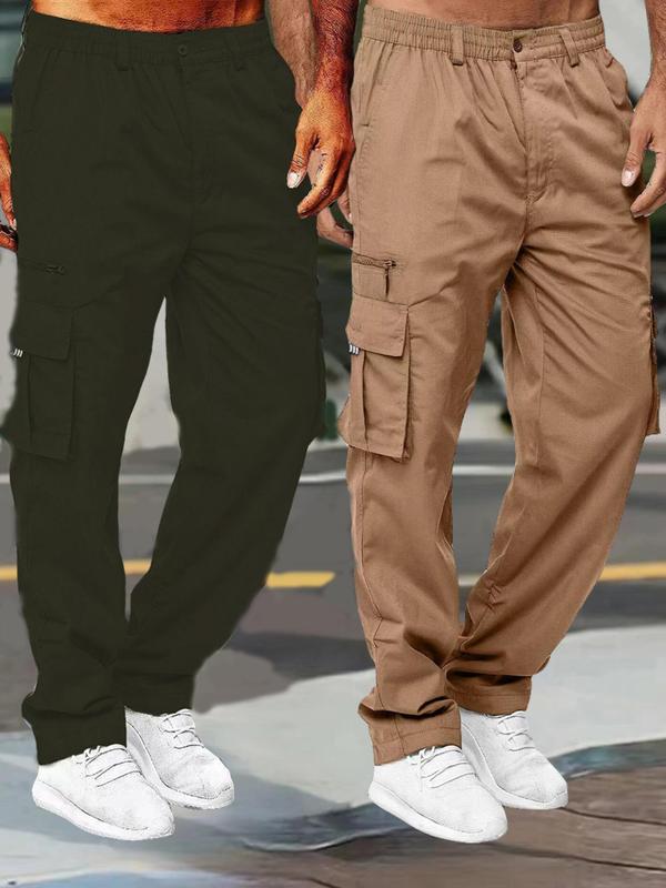 Men's Solid Flap Pocket Cargo Pants, Casual Street Regular Fit Button Fly Zipper Trousers for Daily Wear, Fashion Men's Bottoms for All Seasons