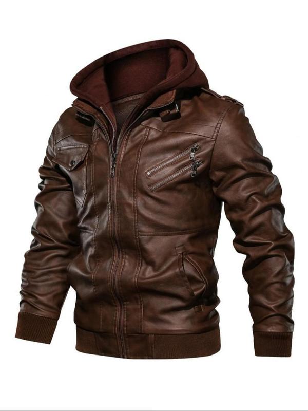 Men's Plain Flap Pocket Hooded Motorcycle Jacket, Streetwear, Stylish Zipper Longsleeves Bomber Coat for Fall Winter, Men's Outfits for Daily Wear, Menswear, Men's Clothing, Winter Outfits 2024 Winter Jacket