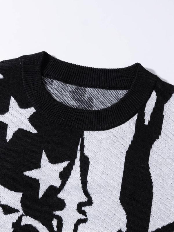 Men's Cross & Flag Print Drop Shoulder Knit Top, Loose Casual Short Sleeve Round Neck Knitwear for Summer, Fashion Men's Knit Clothing for Daily Wear