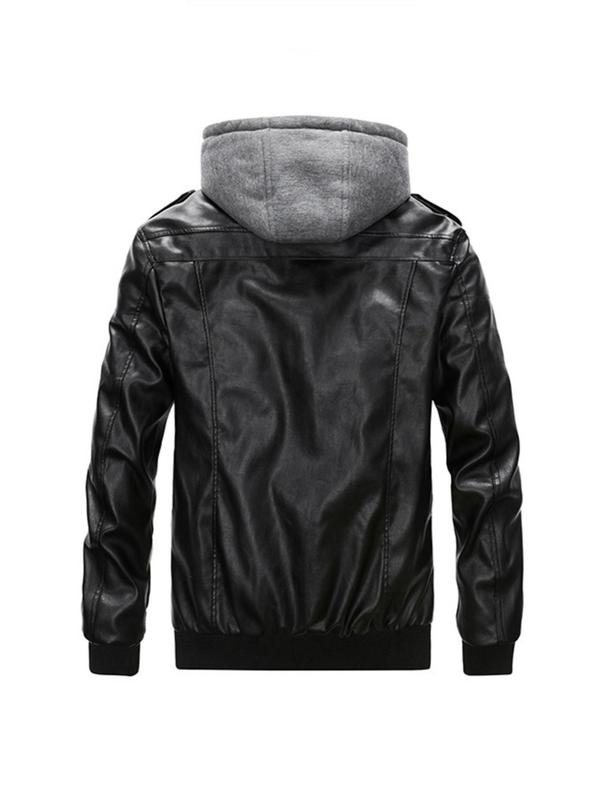 Men's Plain Flap Pocket Hooded Motorcycle Jacket, Streetwear, Stylish Zipper Longsleeves Bomber Coat for Fall Winter, Men's Outfits for Daily Wear, Menswear, Men's Clothing, Winter Outfits 2024 Winter Jacket