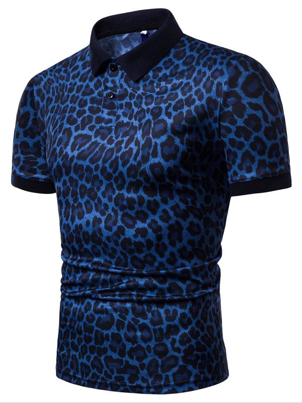 Men's Leopard Print Contrast Binding Polo Shirt, Regular Fit Casual Short Sleeve Button Front Top for Summer, Fashion Men's Clothes for Daily Wear