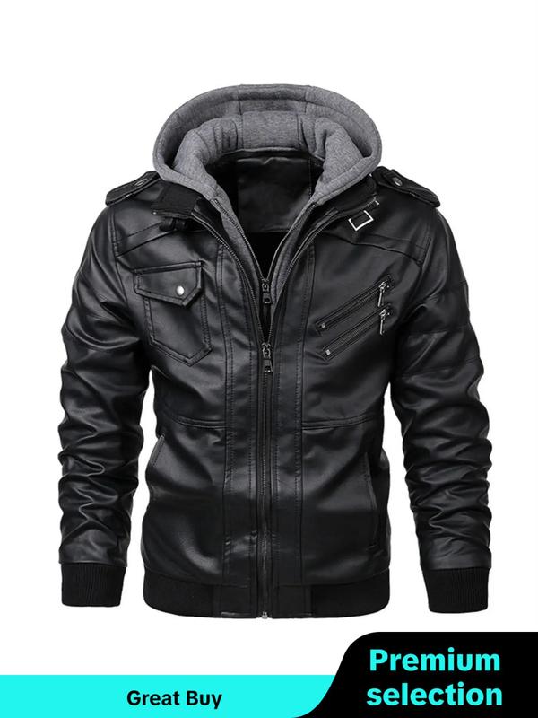 Men's Plain Flap Pocket Hooded Motorcycle Jacket, Streetwear, Stylish Zipper Longsleeves Bomber Coat for Fall Winter, Men's Outfits for Daily Wear, Menswear, Men's Clothing, Winter Outfits 2024 Winter Jacket