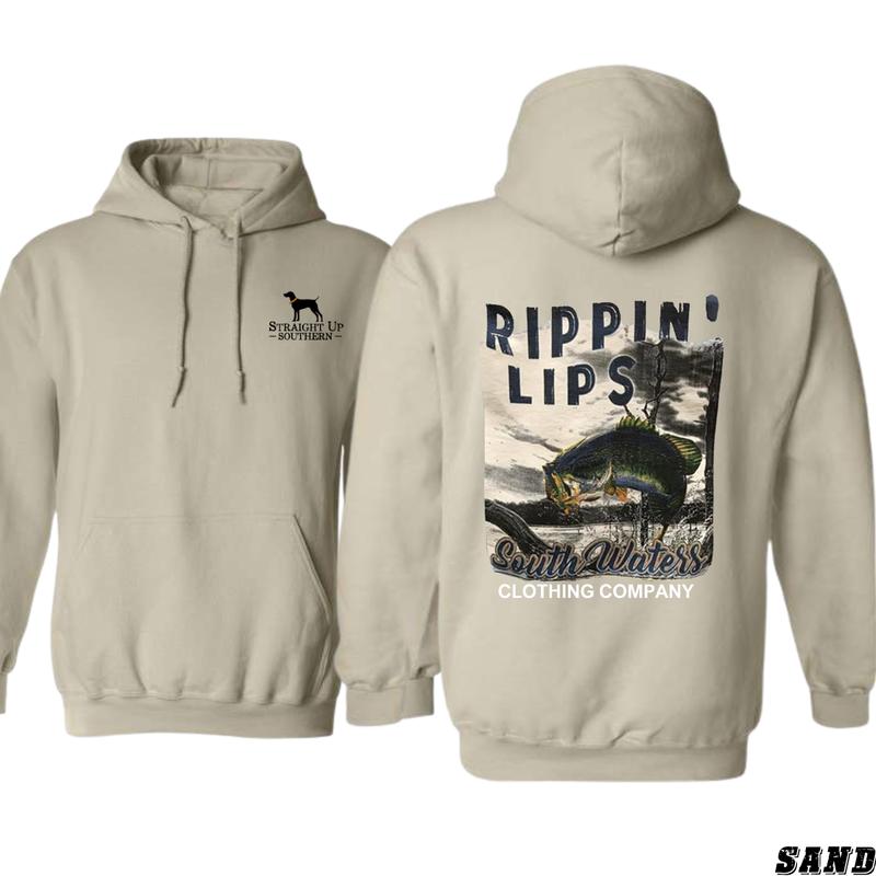 Rippin' Lips Fishing Hoodie - Bold Bass Fishing Design for Southern Waters Enthusiasts - Southern down outfitters, Sweatshirts