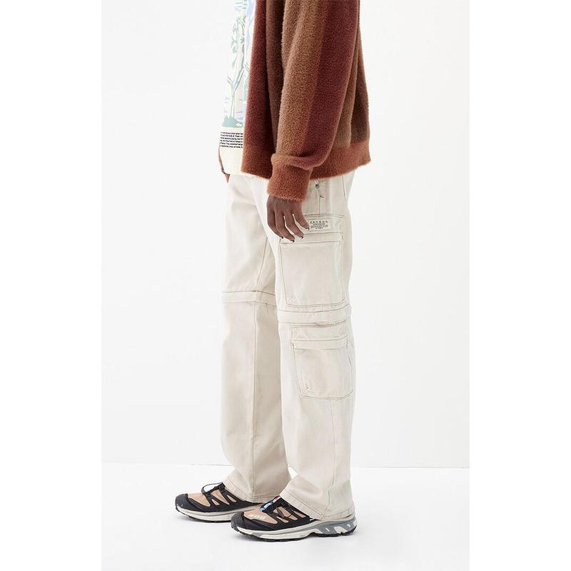 Men's Cream Baggy Cargo Zip-Off Jeans Menswear Pants