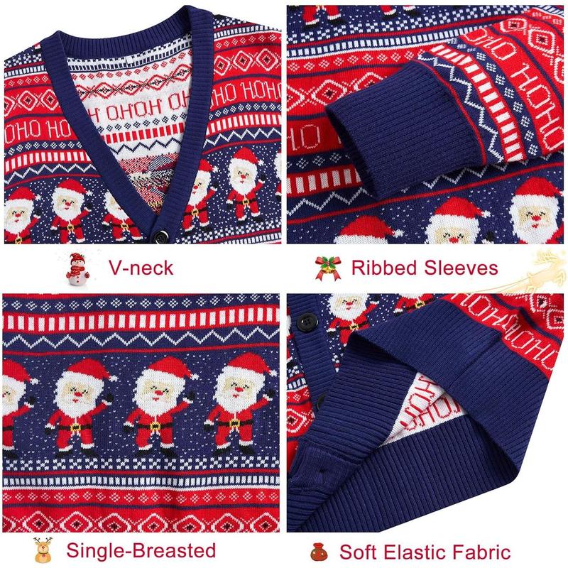 Men's 2024 Ugly Christmas Cardigan Cozy Pullover Sweater V Neck Buttons Soft Knitwear