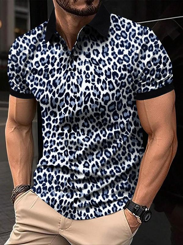 Men's Leopard Print Contrast Binding Polo Shirt, Regular Fit Casual Short Sleeve Button Front Top for Summer, Fashion Men's Clothes for Daily Wear