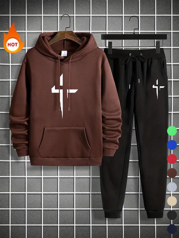 Men's Cross Print Pocket Hoodie & Drawstring Waist Sweatpants Two-piece Set, Regular Fit Casual Long Sleeve Hooded Sweatshirt & Jogger Pants for Fall & Winter, Men's Two-piece Outfits for Daily Wear