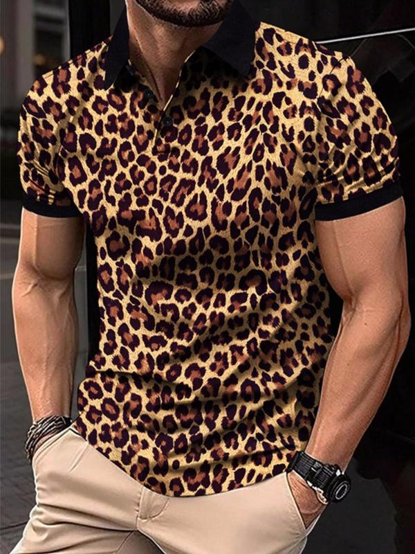 Men's Leopard Print Contrast Binding Polo Shirt, Regular Fit Casual Short Sleeve Button Front Top for Summer, Fashion Men's Clothes for Daily Wear