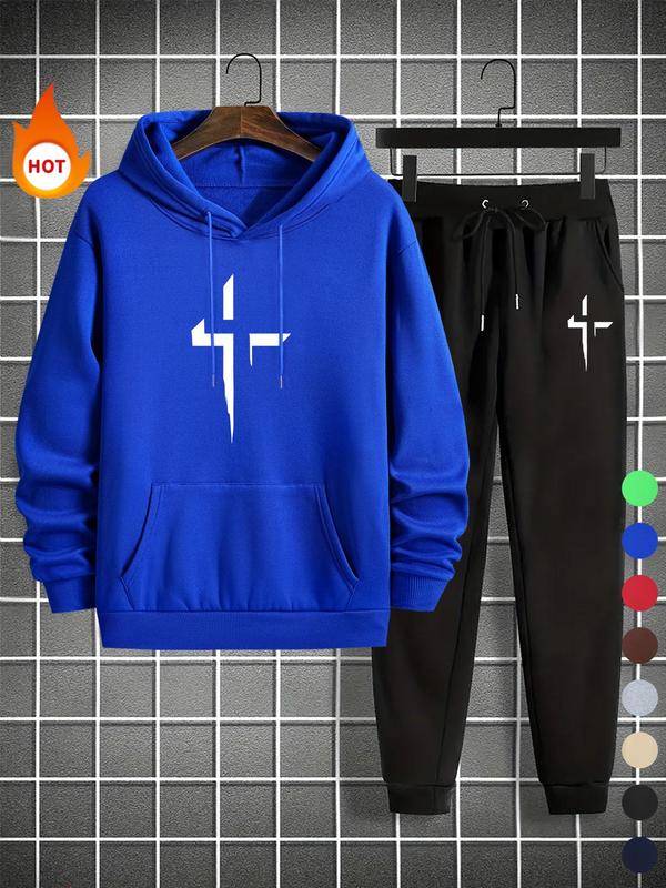 Men's Cross Print Pocket Hoodie & Drawstring Waist Sweatpants Two-piece Set, Regular Fit Casual Long Sleeve Hooded Sweatshirt & Jogger Pants for Fall & Winter, Men's Two-piece Outfits for Daily Wear