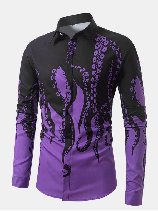 Men's Octopus Print Long Sleeve Shirt, Regular Fit Casual Street Soft Comfy Long Shirt for Spring & Fall, Men's Top for Daily Wear