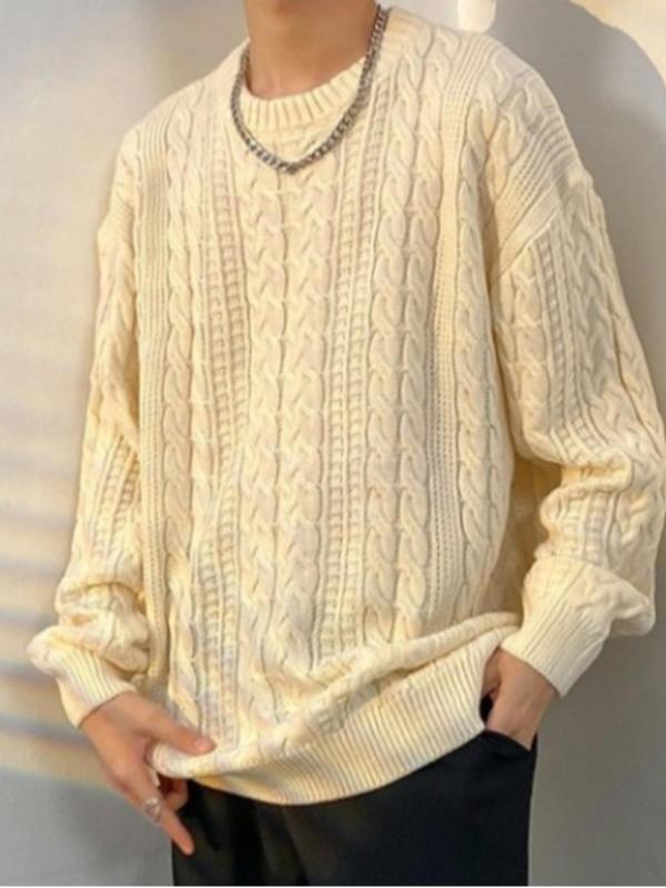  Solid Drop Shoulder Knit Sweater, Casual Long Sleeve Round Neck Jumper for Fall & Winter, Men's Knitwear for Daily Wear