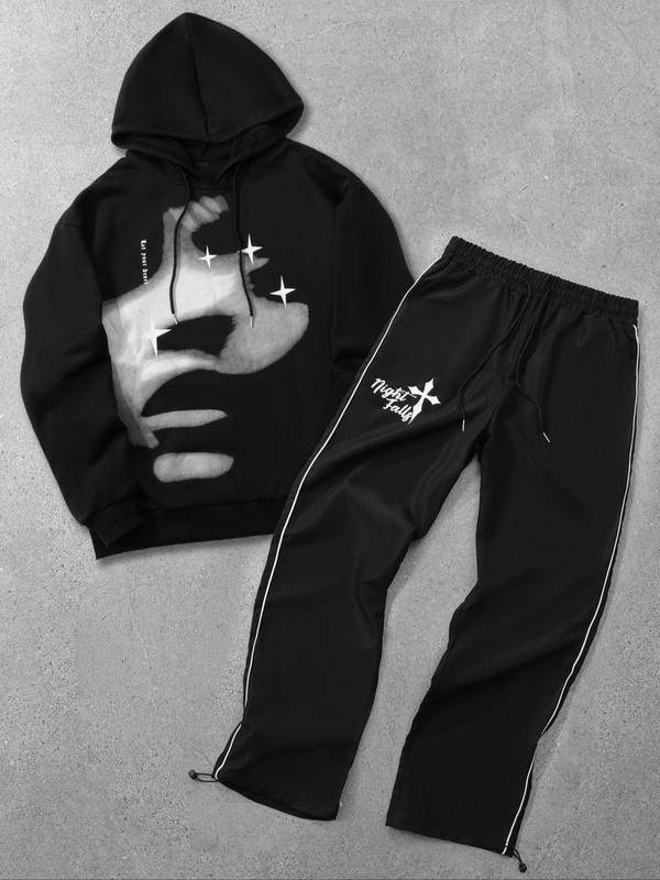 Two-piece Set Men's Drawstring Hoodie & Cross Graphic Sweatpants, Regular Fit Casual Fashion Cozy Breathable Long Sleeve Hooded Sweatshirt & Side Stripe Jogger Pants for Daily Wear, Sweatsuit Set Outfit, Men Two-piece Outfits for Fall & Winter