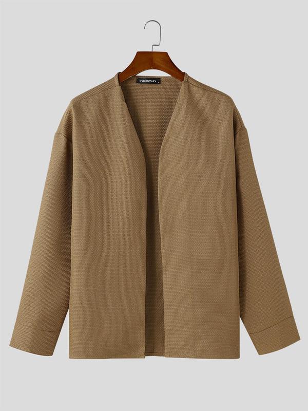 Men's Solid Color Drop Shoulder Open Front Jacket, Loose Casual Long Sleeve Outerwear for Spring & Fall, Fashion Men's Knit Clothing for Daily Wear