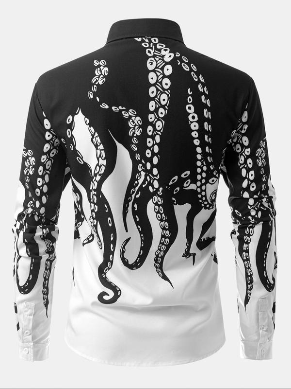 Men's Octopus Print Long Sleeve Shirt, Regular Fit Casual Street Soft Comfy Long Shirt for Spring & Fall, Men's Top for Daily Wear