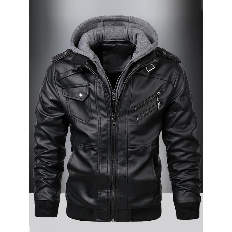 Mens Fashionable Hooded Jacket - Faux Leather, Utility Pockets, Versatile for All Seasons