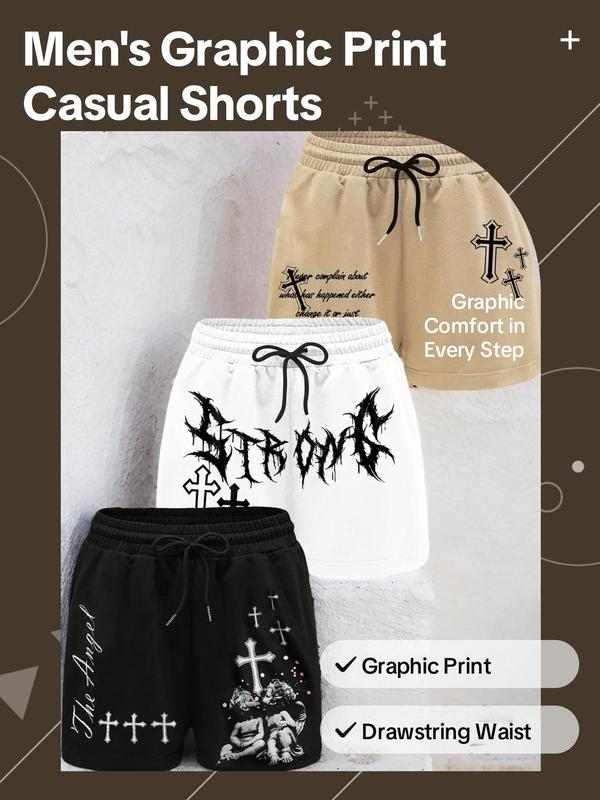 Men's Cross Graphic Print Pocket Drawstring Waist Shorts, Back To School Regular Fit Casual Comfy Shorts, Men's Summer Bottoms for Daily Wear