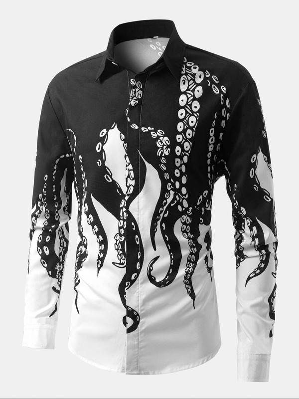 Men's Octopus Print Long Sleeve Shirt, Regular Fit Casual Street Soft Comfy Long Shirt for Spring & Fall, Men's Top for Daily Wear