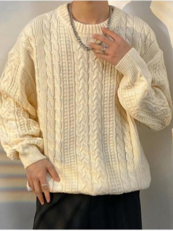  Solid Drop Shoulder Knit Sweater, Casual Long Sleeve Round Neck Jumper for Fall & Winter, Men's Knitwear for Daily Wear