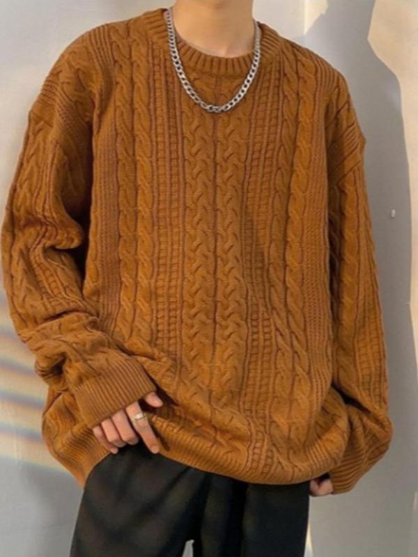  Solid Drop Shoulder Knit Sweater, Casual Long Sleeve Round Neck Jumper for Fall & Winter, Men's Knitwear for Daily Wear