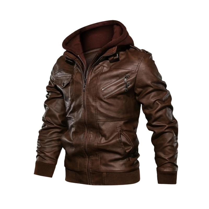 Mens Fashionable Hooded Jacket - Faux Leather, Utility Pockets, Versatile for All Seasons