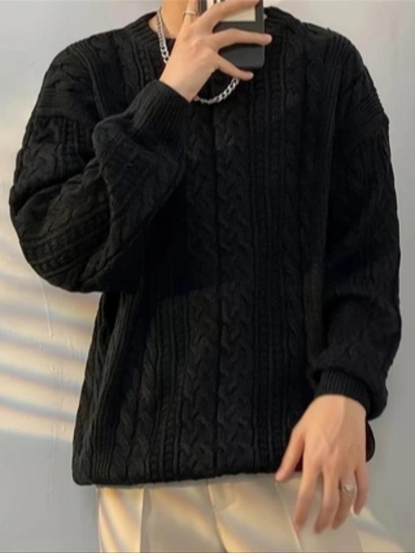  Solid Drop Shoulder Knit Sweater, Casual Long Sleeve Round Neck Jumper for Fall & Winter, Men's Knitwear for Daily Wear